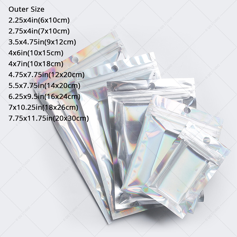 Multi Size Clear Front Holographic Silver Back Glossy Foil Mylar Zip Lock Bag