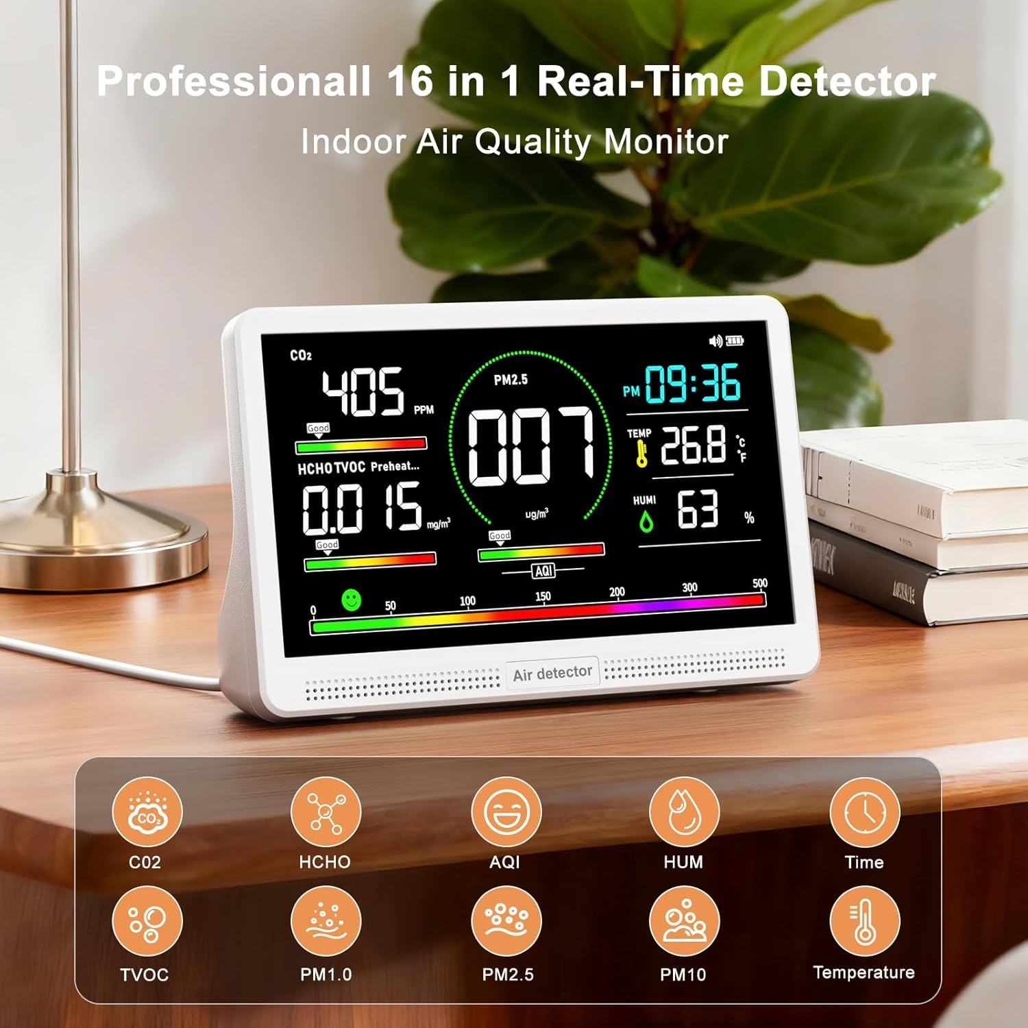 16 in 1 Air Quality Monitor Indoor 7″ Display 9 AQI+7 AQI Alerts