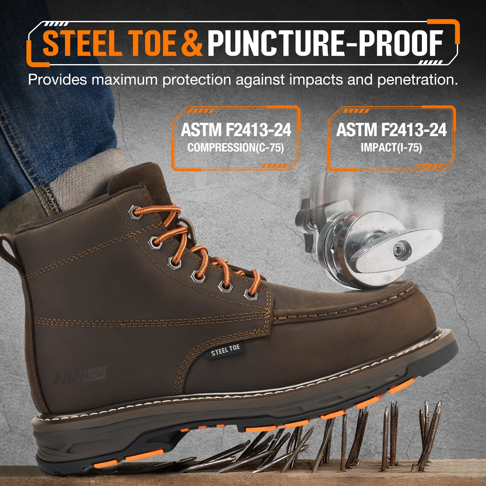 NINGO Men Steel Toe Work Boots Puncture Proof Moc Toe Safety Shoes EH Protection