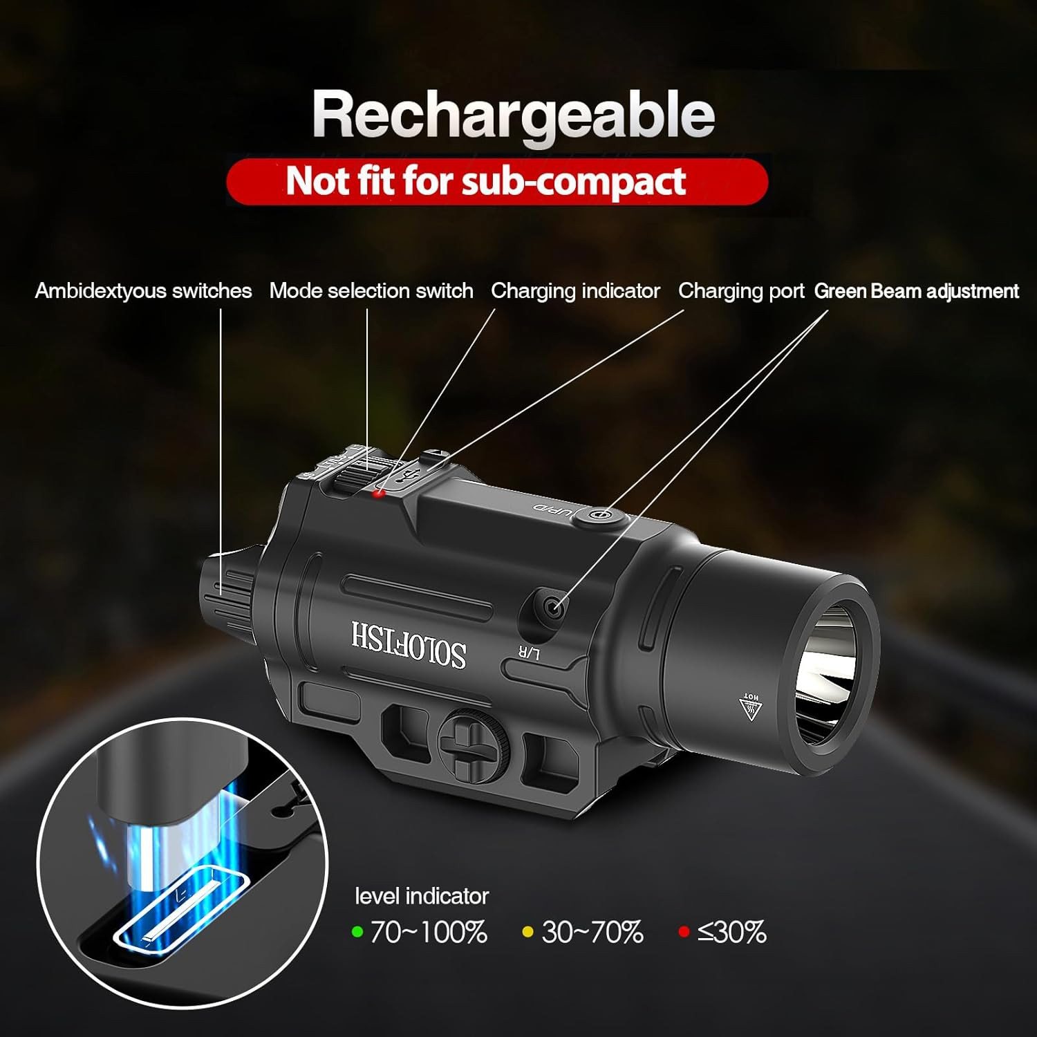 1500Lm Slidable Pistol Light and Green Beam Combo with Strobe/Momentary, Recharg