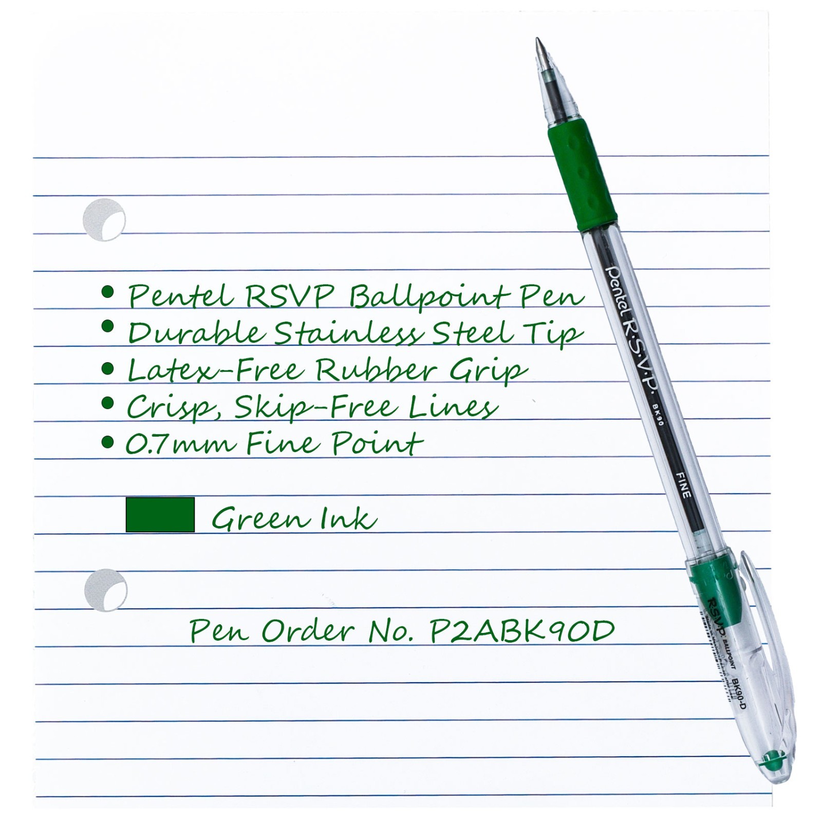 Pentel RSVP Fine BK90-D Green Ink Ballpoint Pen, Box of 12 Pens