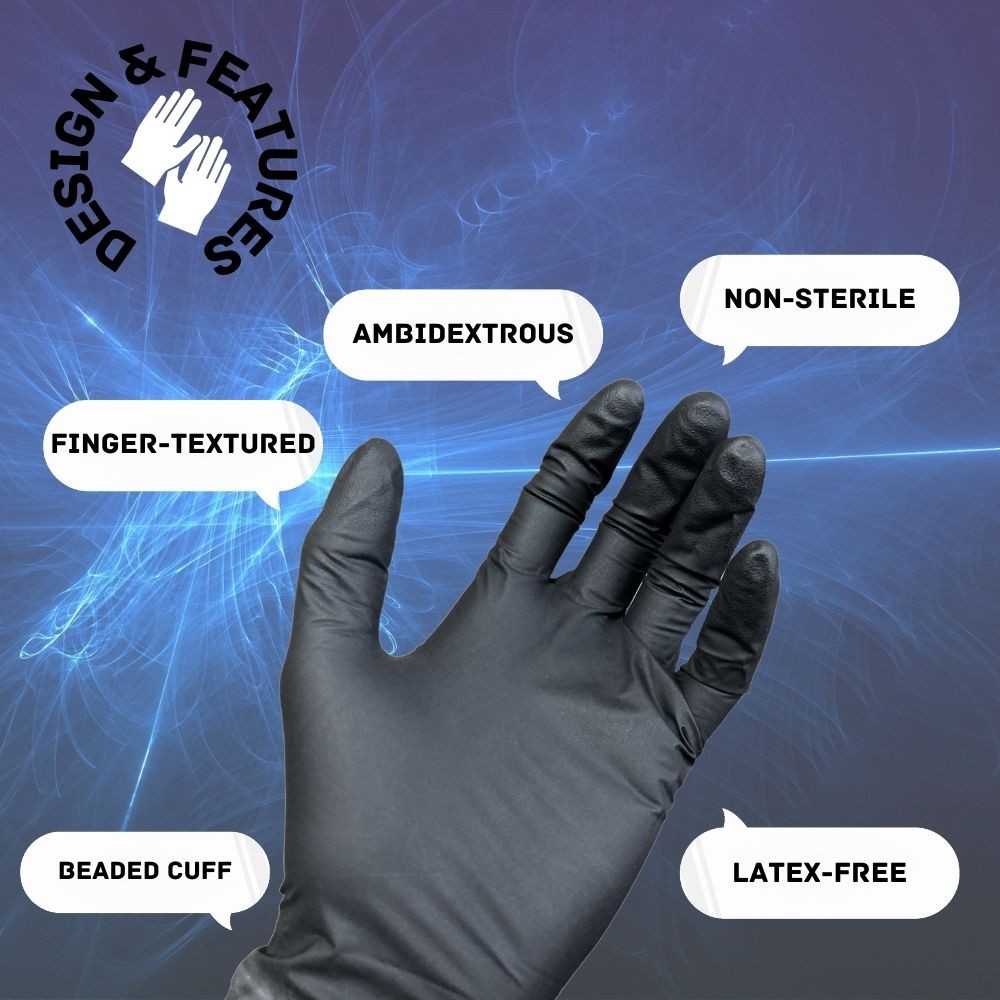 1000 Pieces Finger-Textured Black Nitrile Exam Powder-Free Gloves, Large, 6 MIL