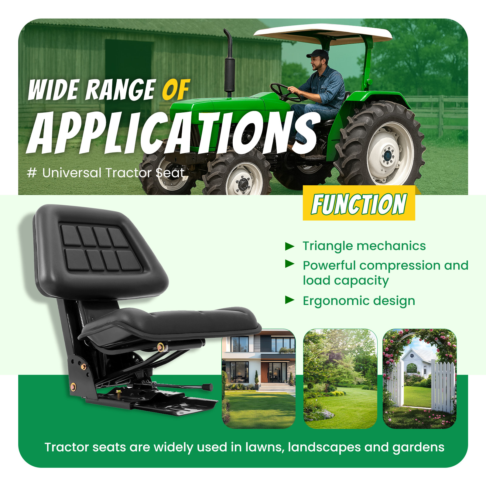 Black Universal Suspension Tractor Seat For John Deere Massey Ferguson Ford