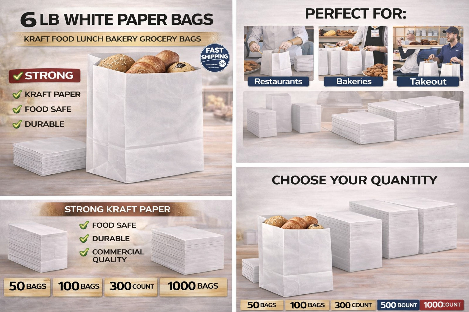 6 LB White Paper Bags Bulk 50 100 300 500 1000 Count Kraft Lunch Bakery Takeout