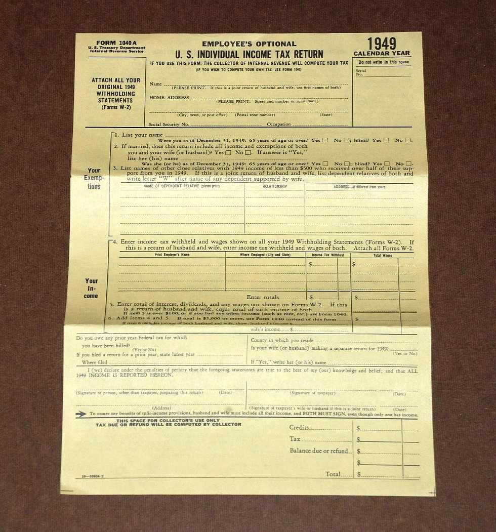 United States U.S. INDIVIDUAL INCOME TAX RETURN Form 1040A Unused IRS VTG 1949