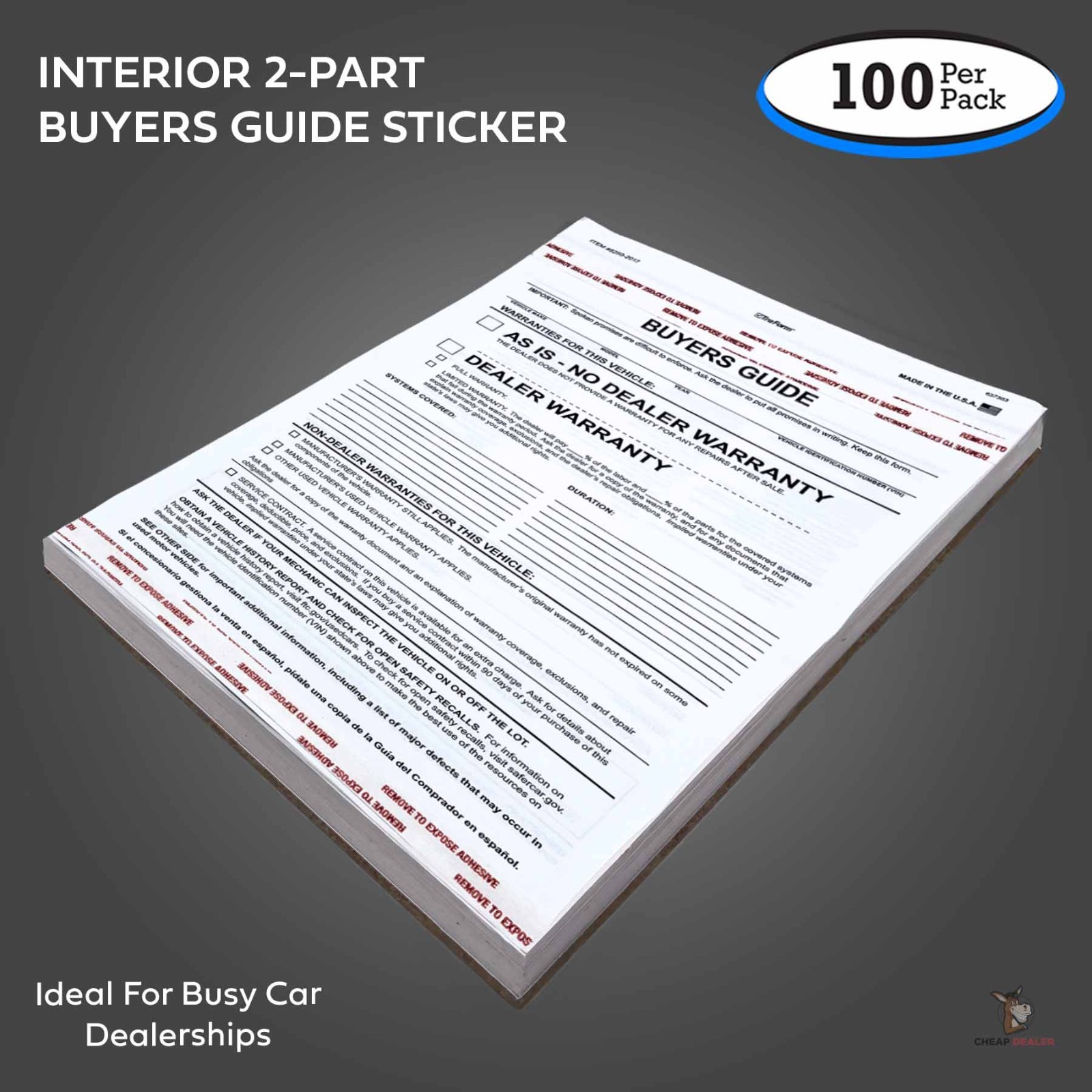 2-Part Buyers Guide Form – Adhesive Tape – English – As Is – Warranty (100 pack)