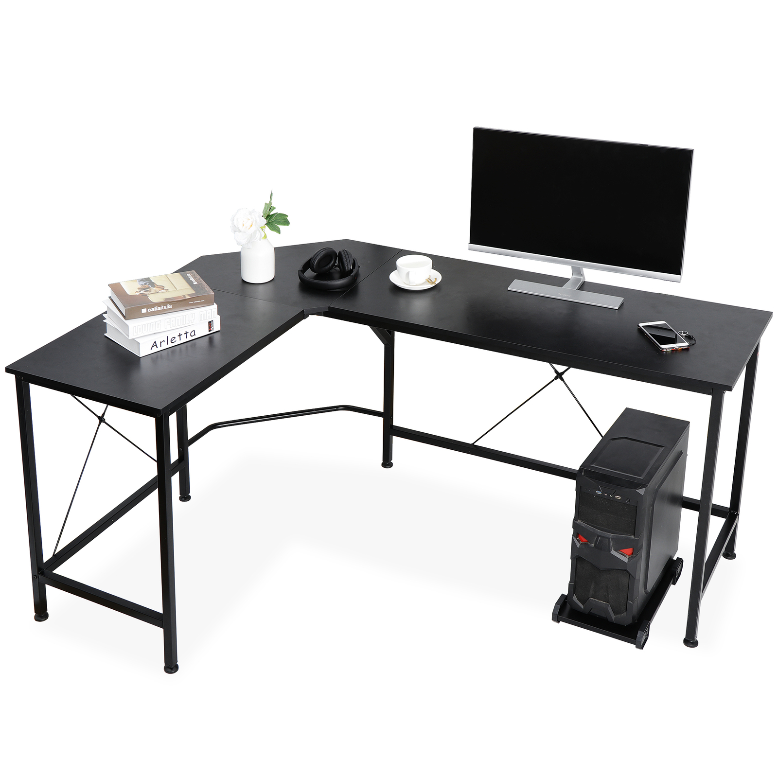 L-Shaped Corner Computer Desk Gaming Desk PC Laptop Table Workstation Black 66″
