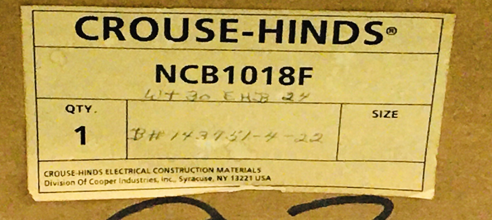 CROUSE HINDS NCB1018F-WT-30-EHB24 30 AMP CIRCUIT BREAKER ENCLOSURE !NEW IN BOX!