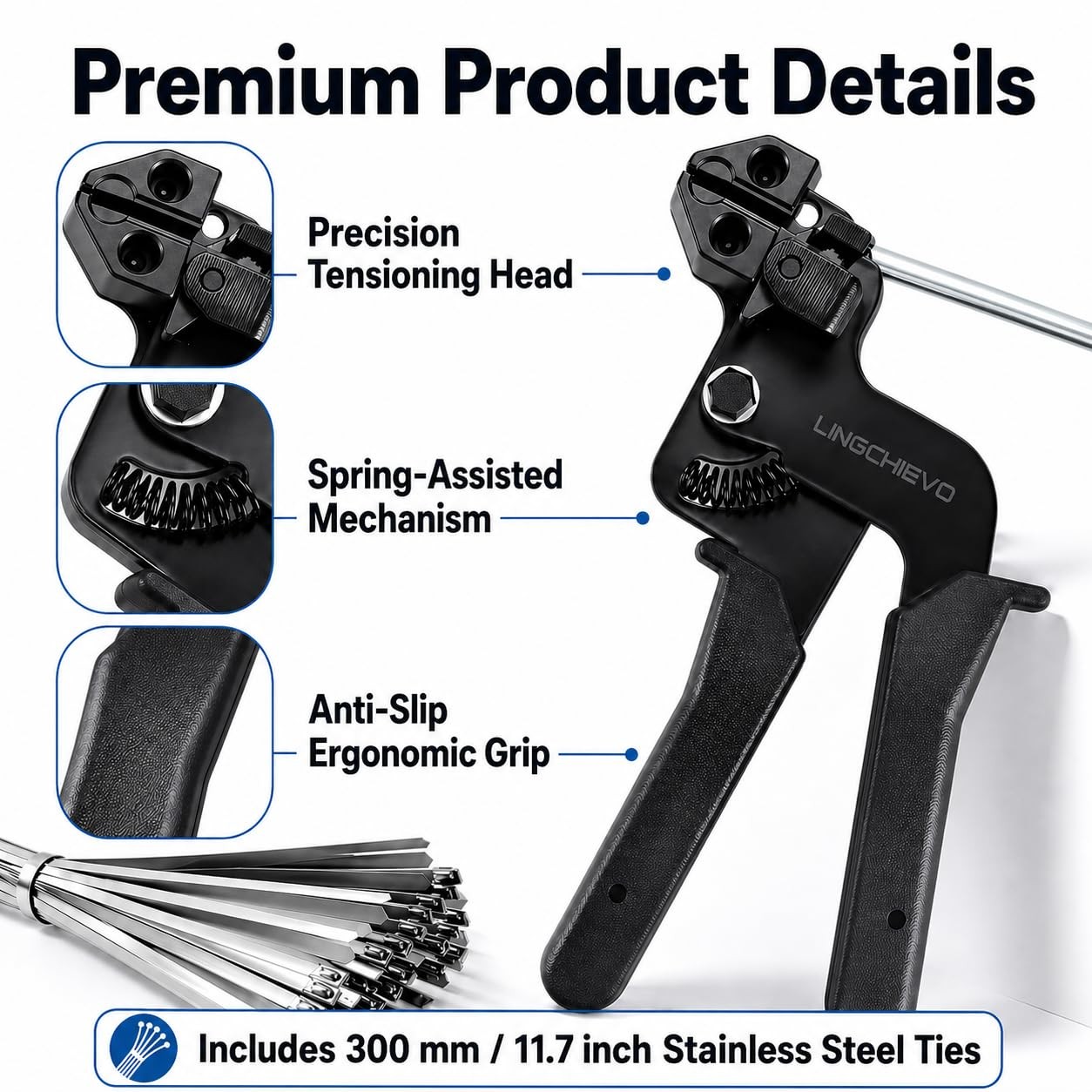Heavy Duty Metal Zip Tie Gun Tool with 100 PCS 11.7 Stainless Steel Cable Ties
