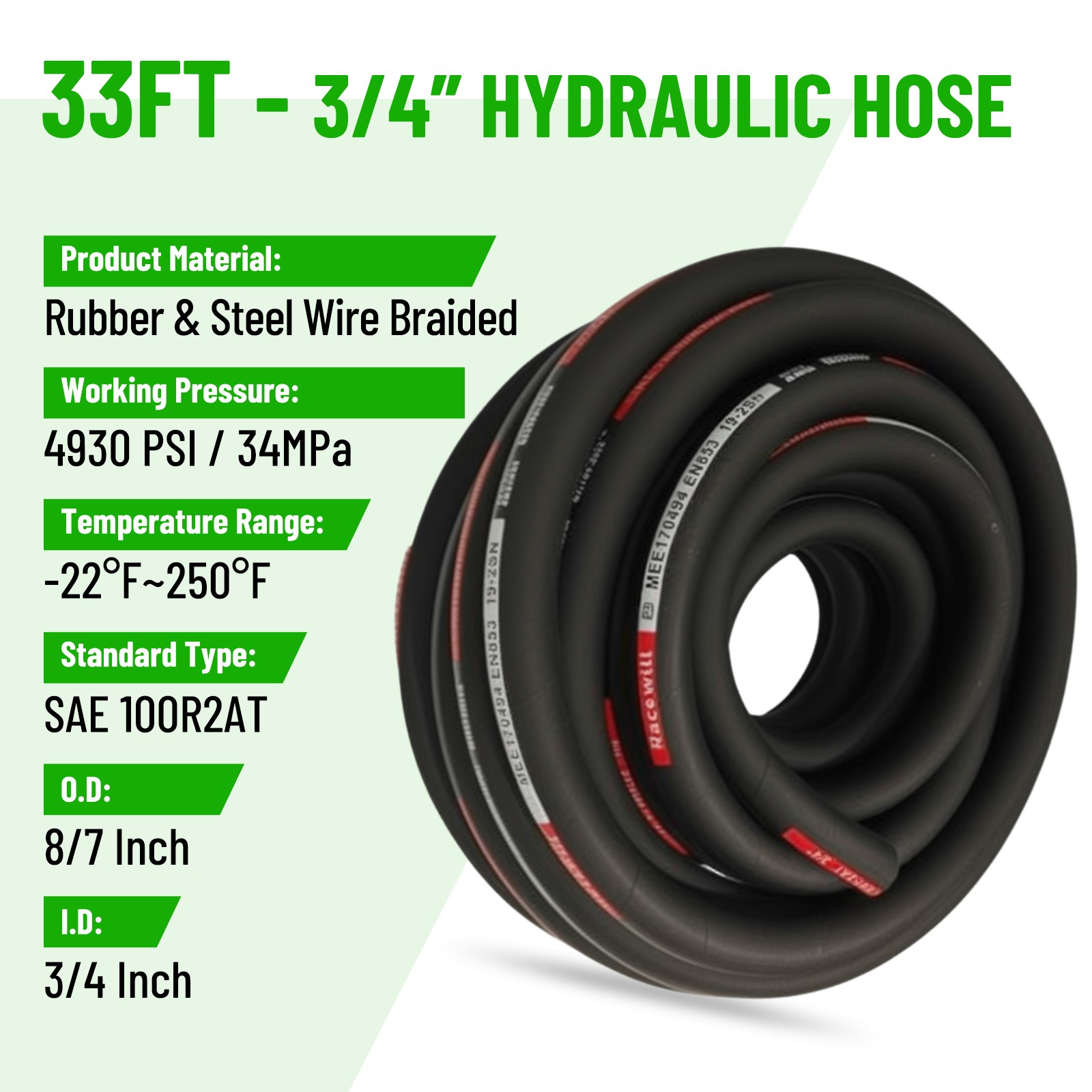33FT 3/4″ Hydraulic Hose + 12 Straight Fittings 3/4″ JIC Female & 3/4 NPTF Male