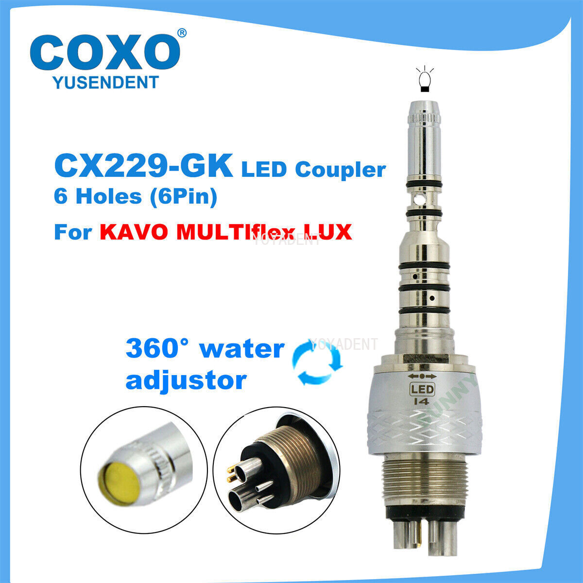 COXO Dental Turbine Fiber Optic High Speed Handpiece LED Coupler 6 Pin Fit KAVO