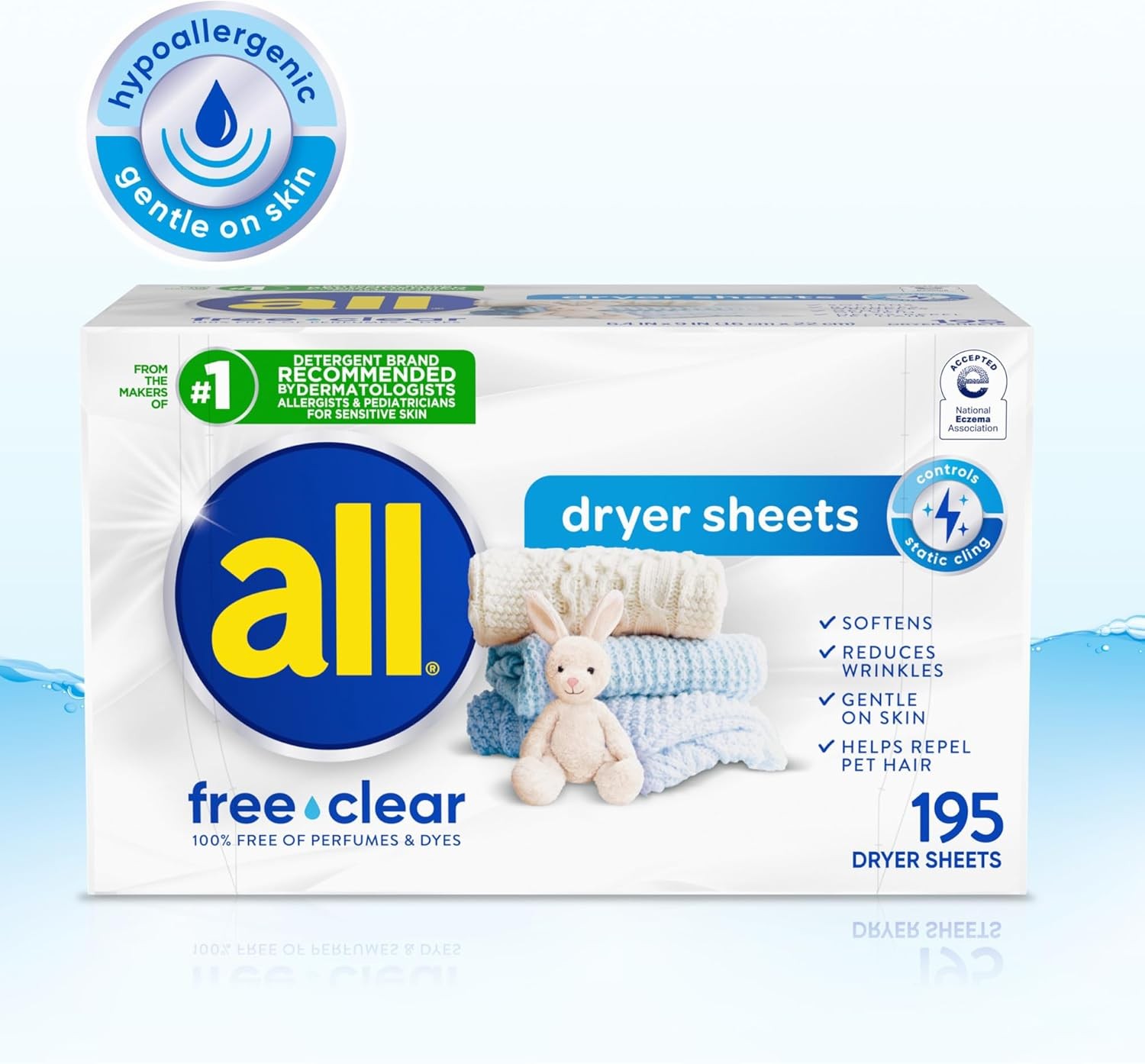 All Free Clear Unscented Fabric Softener Dryer Sheets, 195 Count