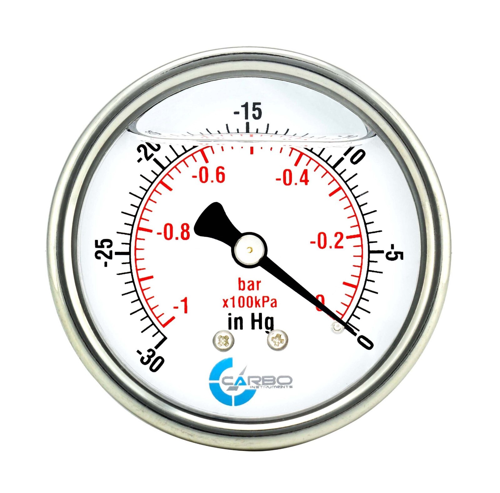 2″ Vacuum Gauge, Stainless Steel Case, Liquid Filled, Back Mnt, -30 Hg/0 Psi