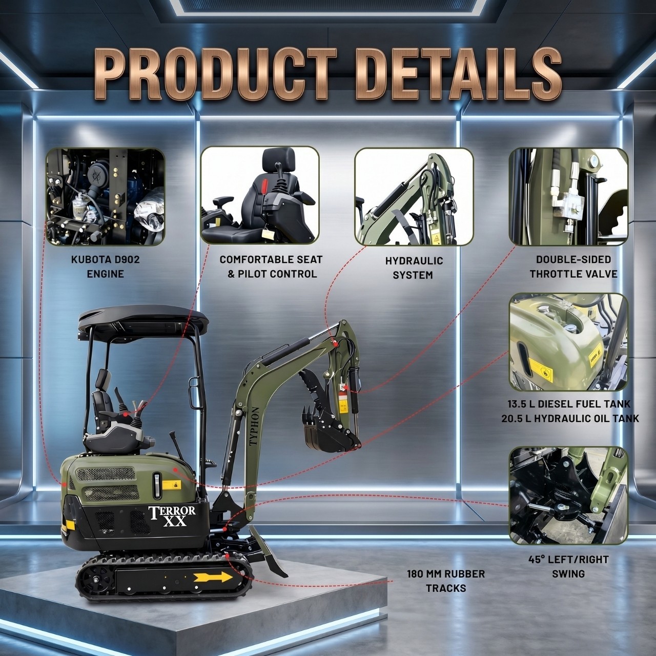 TYPHON TERROR XX 4000lbs Kubota D902 Mini Excavator Hydraulic Thumb Boom Swing