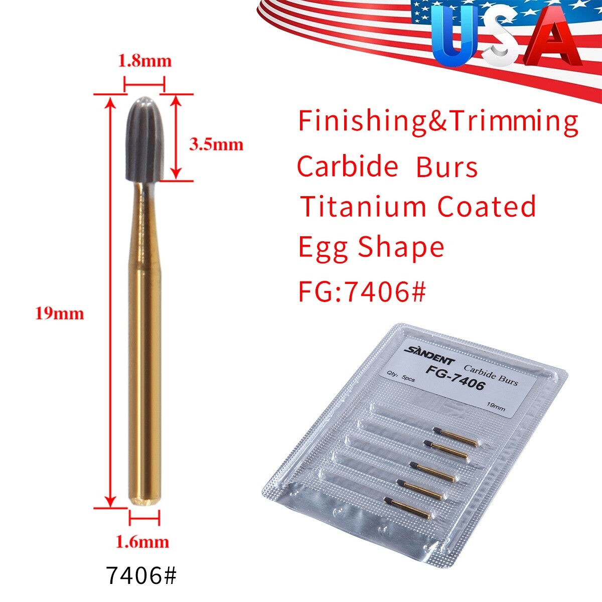 5 packs Dental Tungsten Carbide Burs Trimming & Finishing Egg Football FG 7406