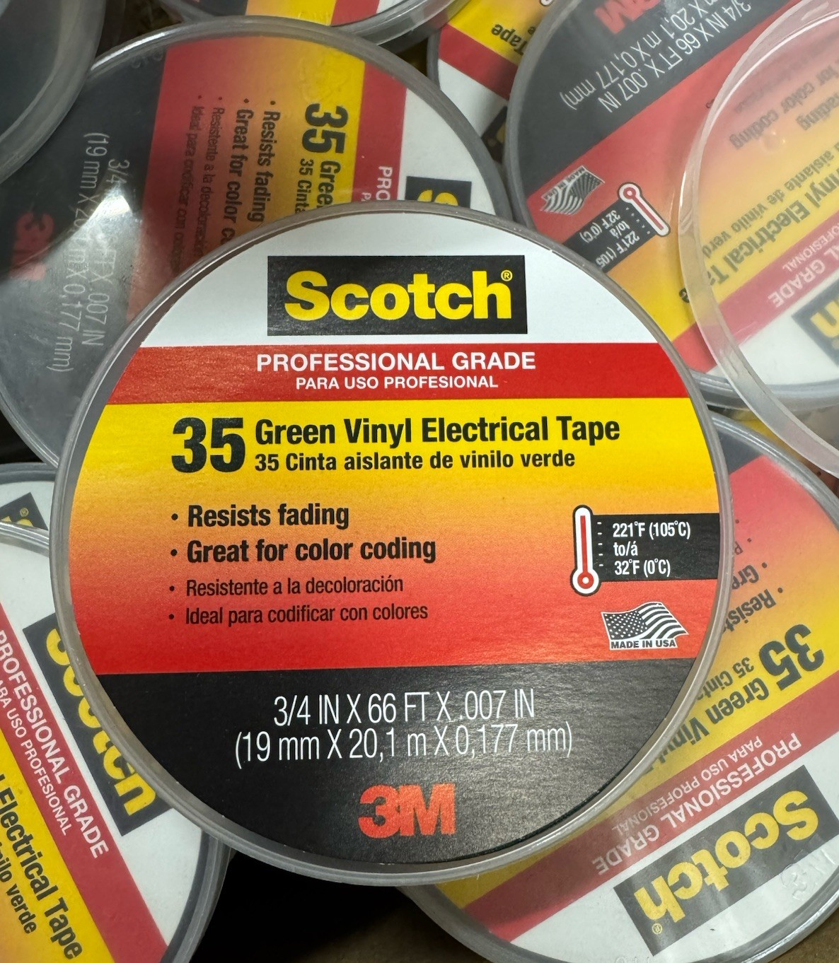 (50 Rolls) 3M 35 Pro Grade Scotch Vinyl Electrical Tape, 3/4 in x 66 ft, Green