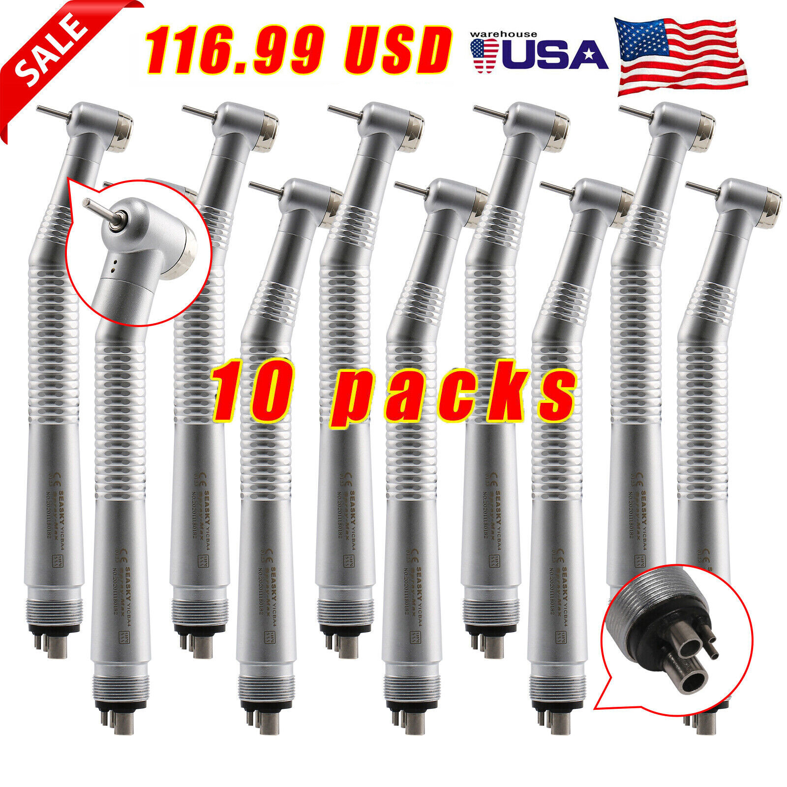 10 Pcs Seasky NSK PANA MAX Style Dental High Speed Turbine Handpiece Push 4Holes