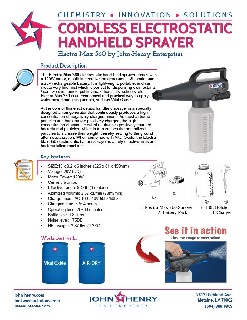 Electrostatic Sprayer – Cordless, Handheld, Mister, Cleaner, battery operated