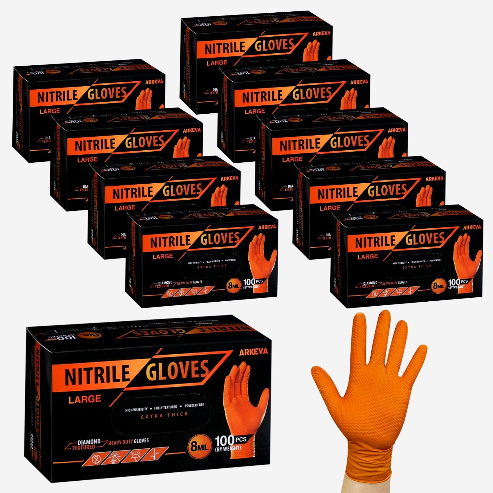 Heavy Duty Orange Industrial Nitrile Gloves with Raised Diamond Texture, 8-mil