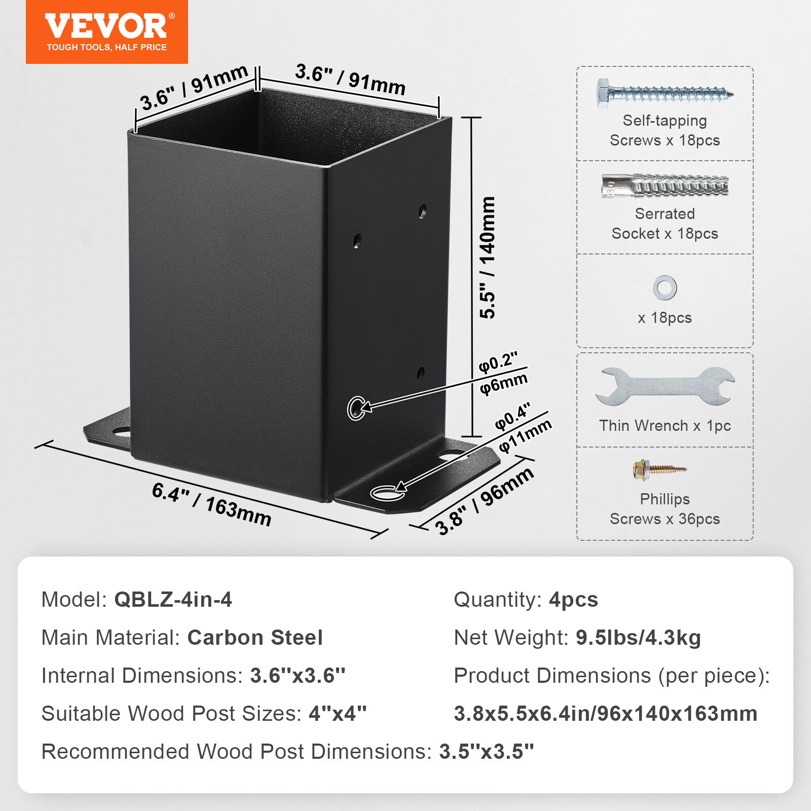 VEVOR 4 Pack 4×4 Post Base Brackets Heavy Duty Wood Post Fence Post Anchor