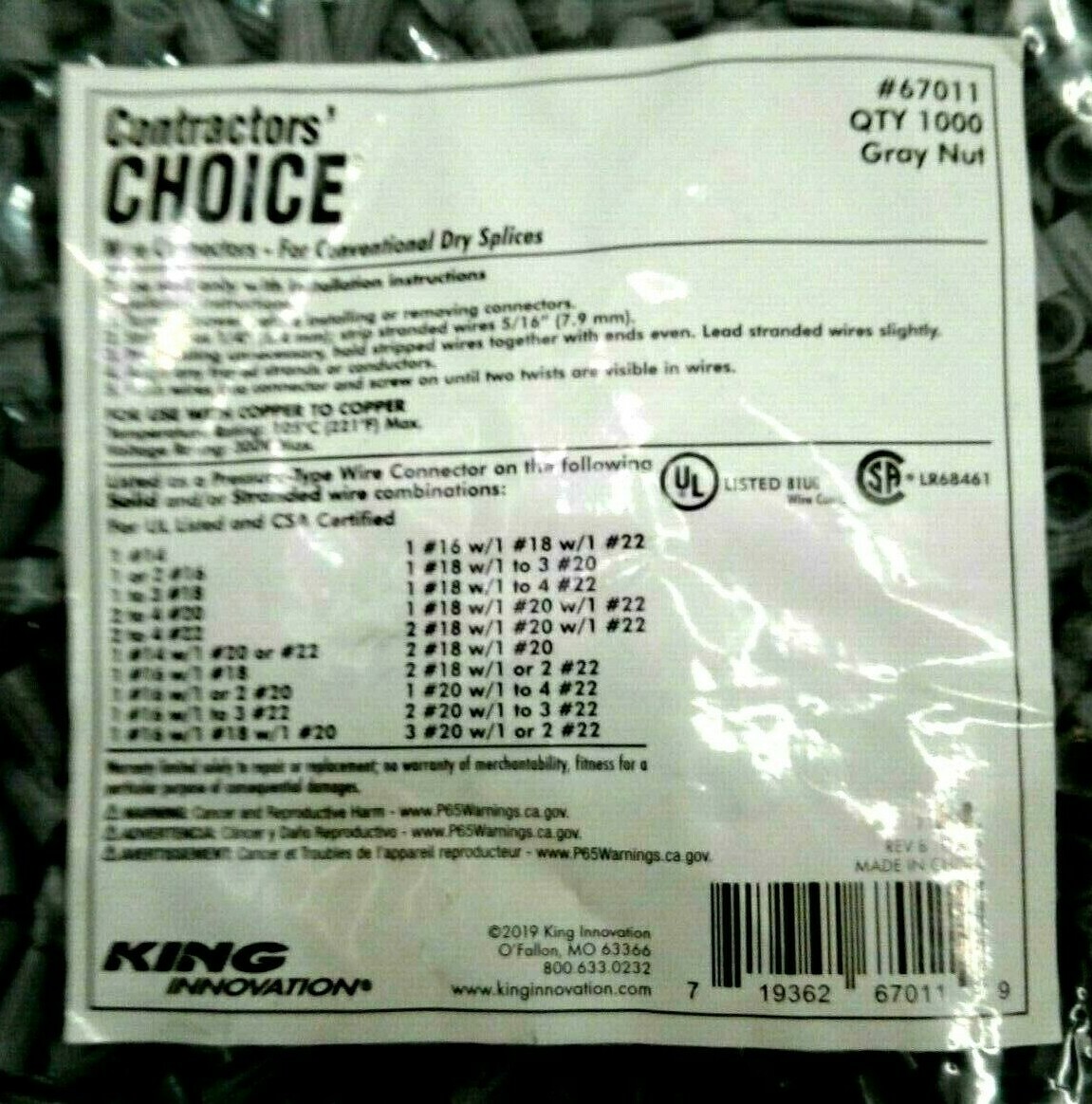 CONTRACTORS CHOICE 67011 STANDARD GRAY WIRE CONNECTORS 1000 COUNT BAG