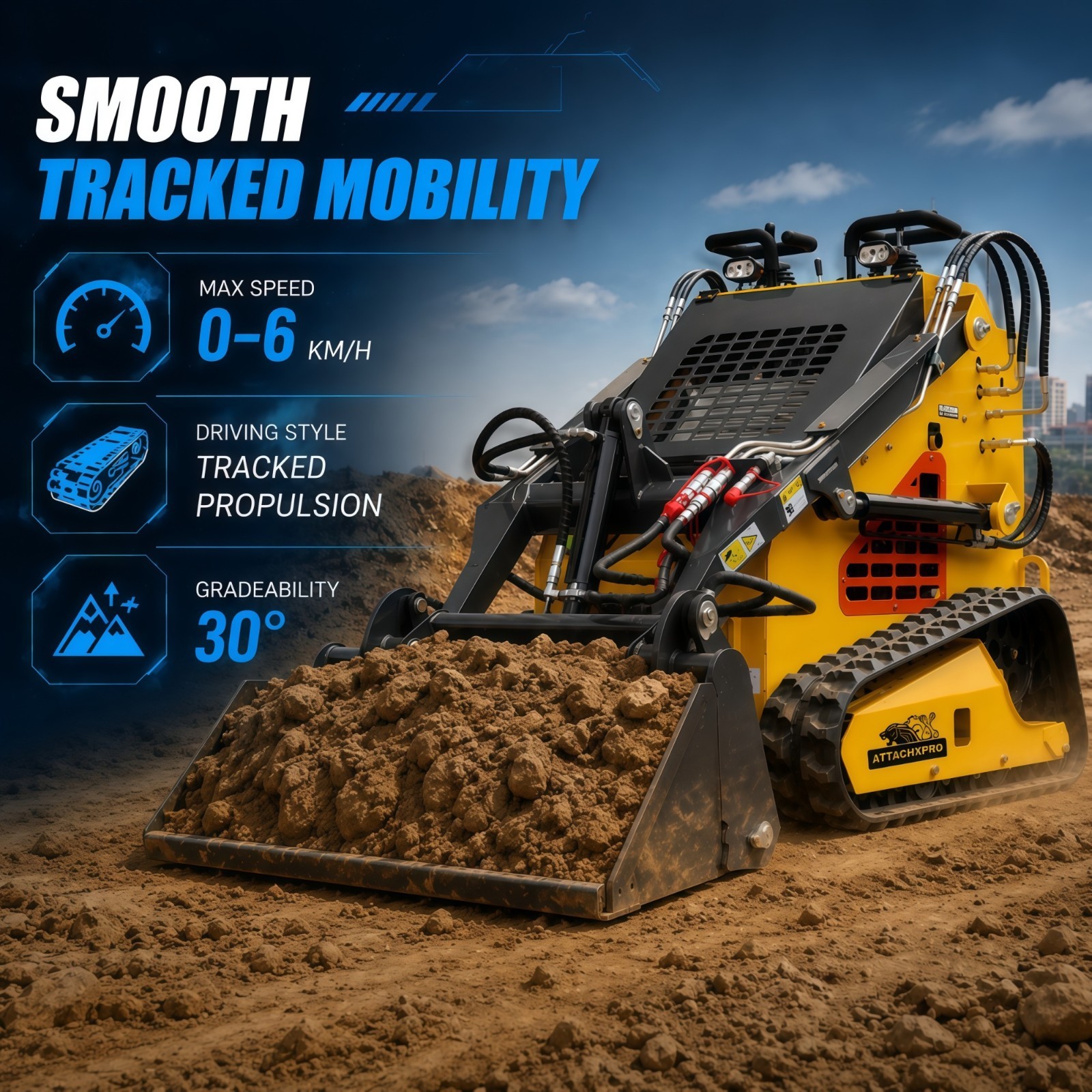 24HP Mini Skid Steer Loader 4in1 Bucket 3-Stage Pump Hydraulic System W/Forklift