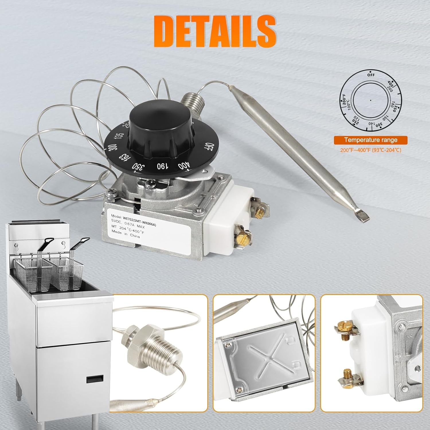 Deep Fryer Thermostat Kit 200–400°F | 1/4″ MPT Temp Control w/ Knob Switch