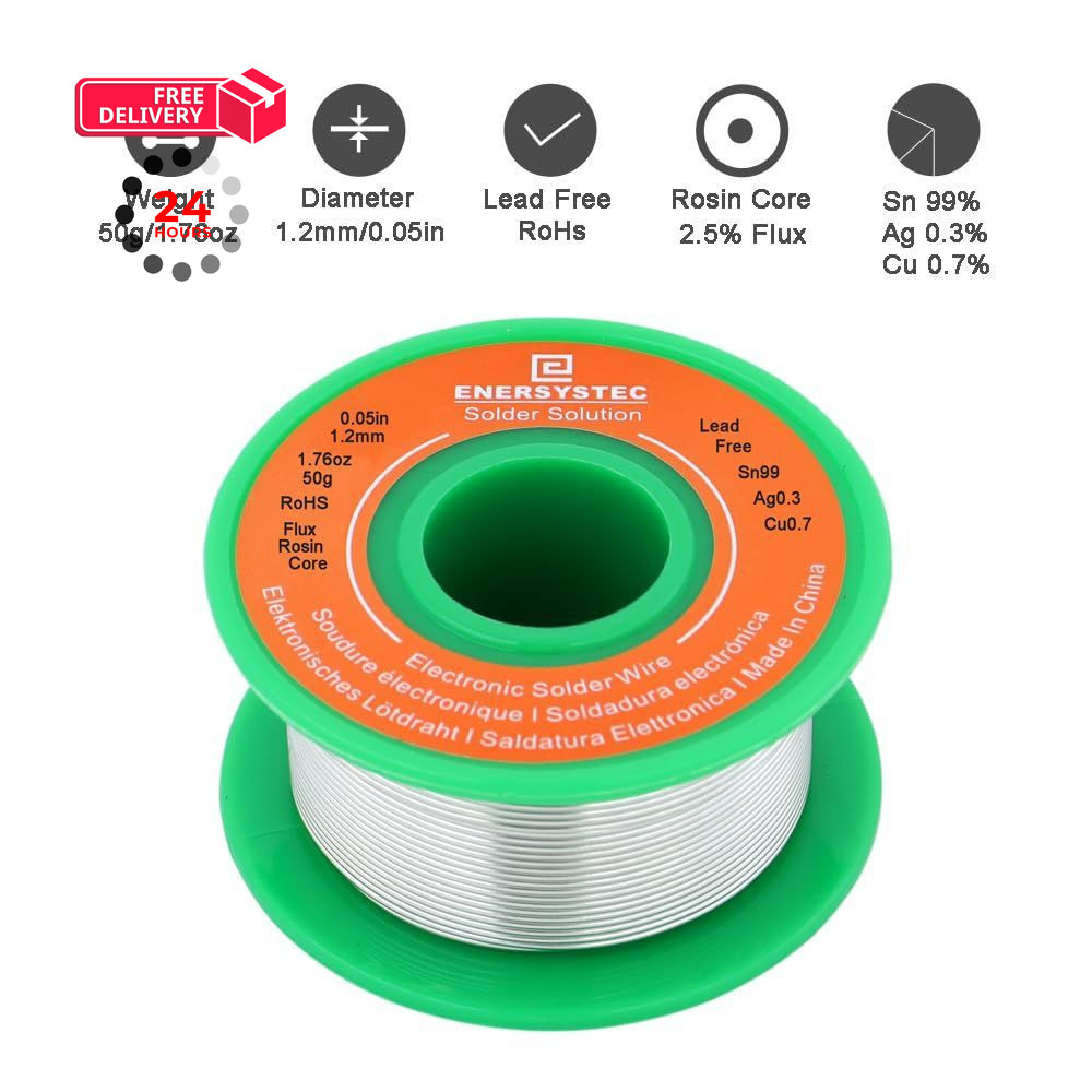 E ENERSYSTEC Lead Free Electronics Soldering Wire 1.2mm 50g, Rosin Silver