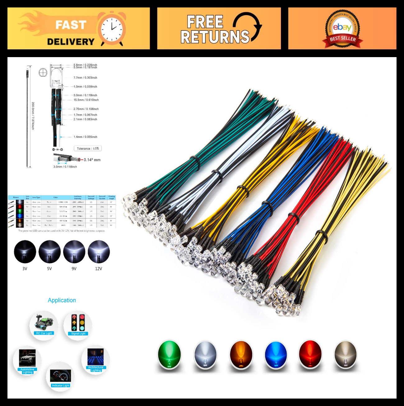 120pcs 12V 5mm LED Diodes Assorted Kit – 6 Colors, Pre-Wired, Round Lens