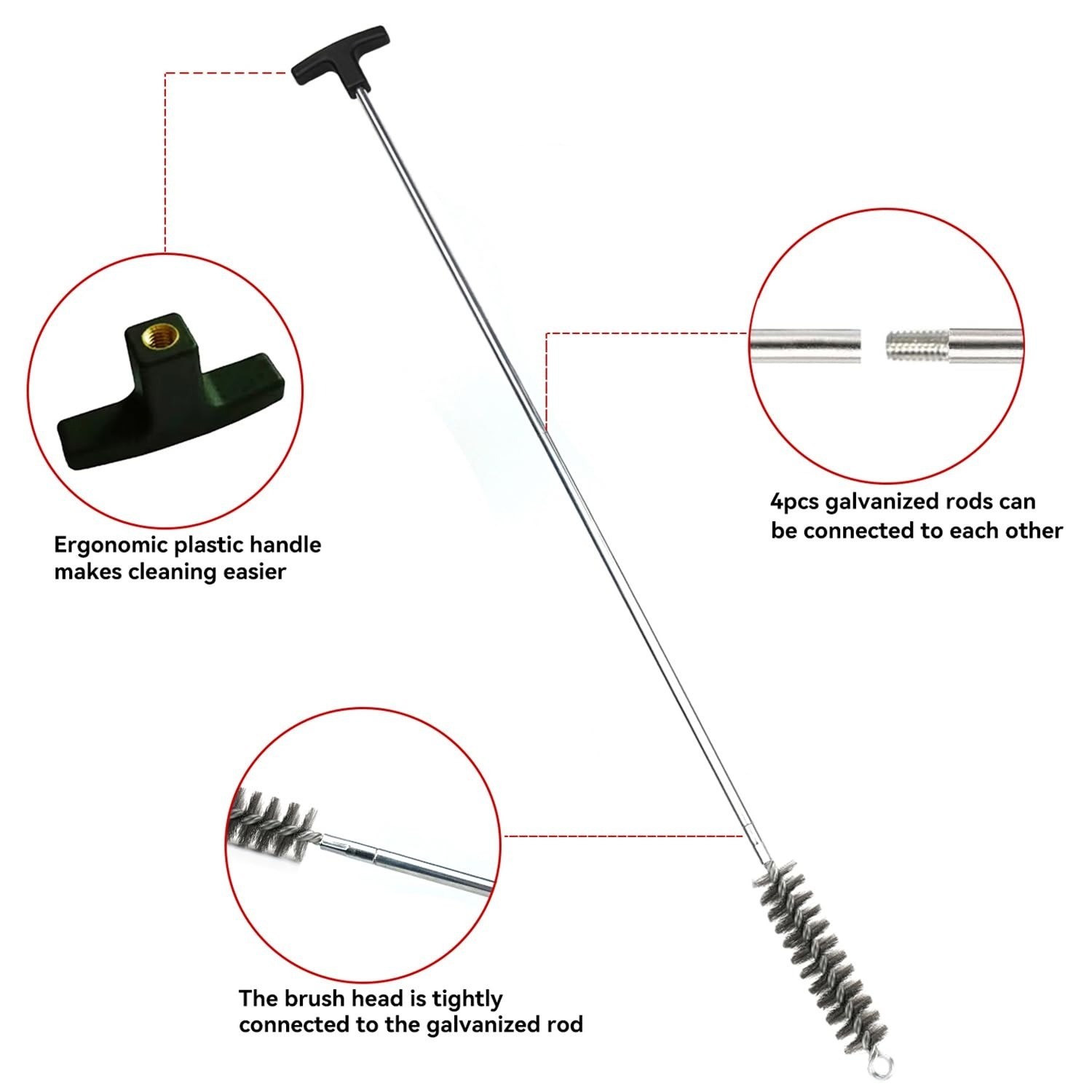 50″ Pipe Cleaning Brush Set with Stainless Steel Bristles – 4 Pcs