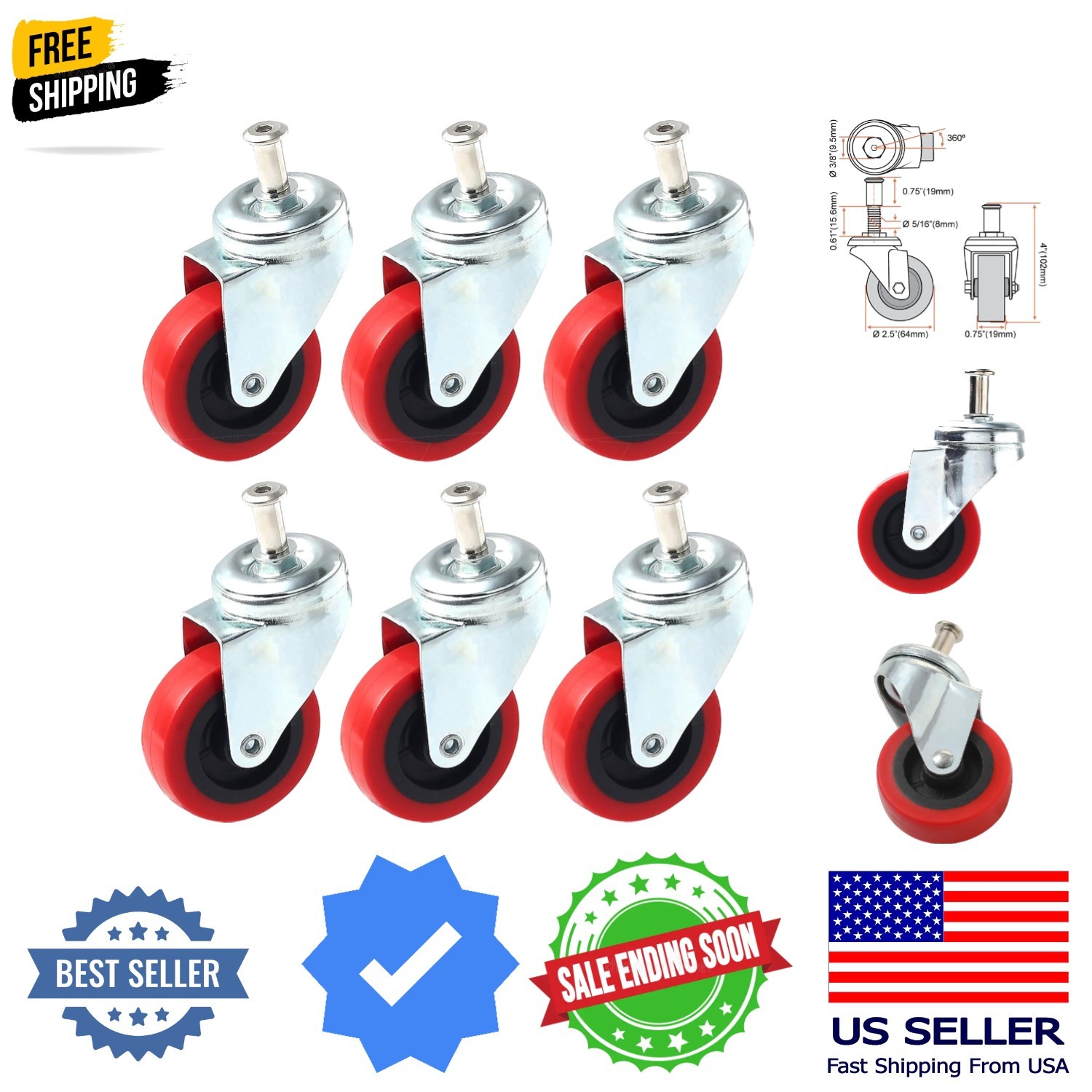 6 Pack Heavy-Duty 2.5″ Swivel Caster Wheel Creeper Service Cart Stool Post Mount