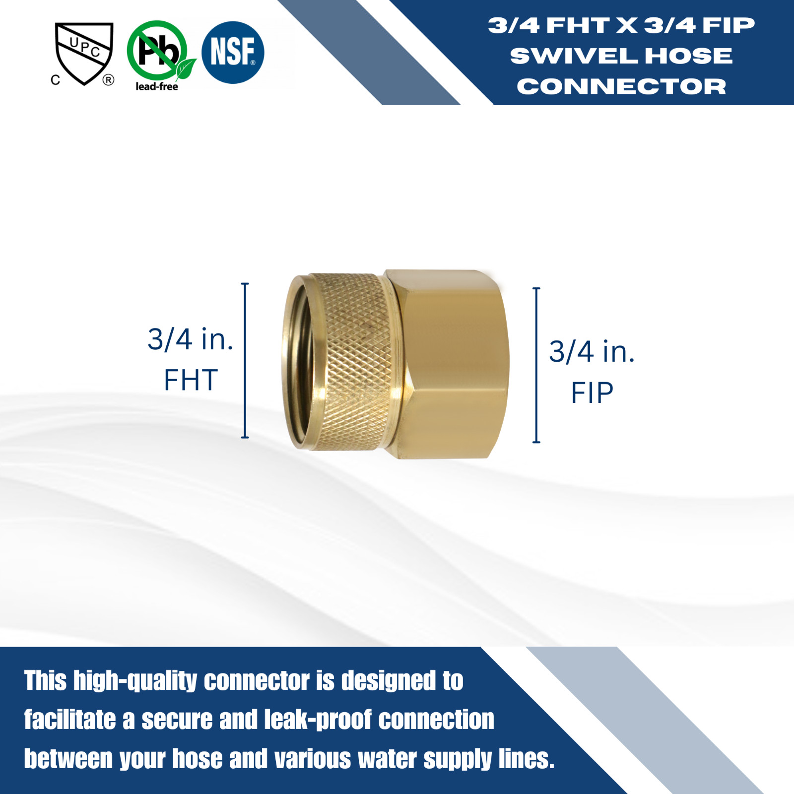 1 PIECE 3/4″ FNPT X 3/4″ FHT GARDEN HOSE THREADED SWIVEL ADAPTER, LEAD FREE