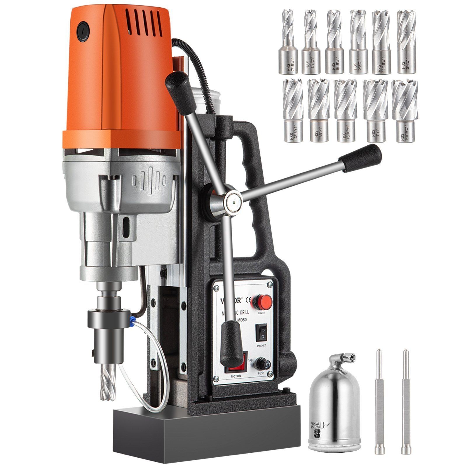 1450W Magnetic Drill Press 2900LBS 2in Bore, 8.3ft Travel, 11pc HSS Cutter Set