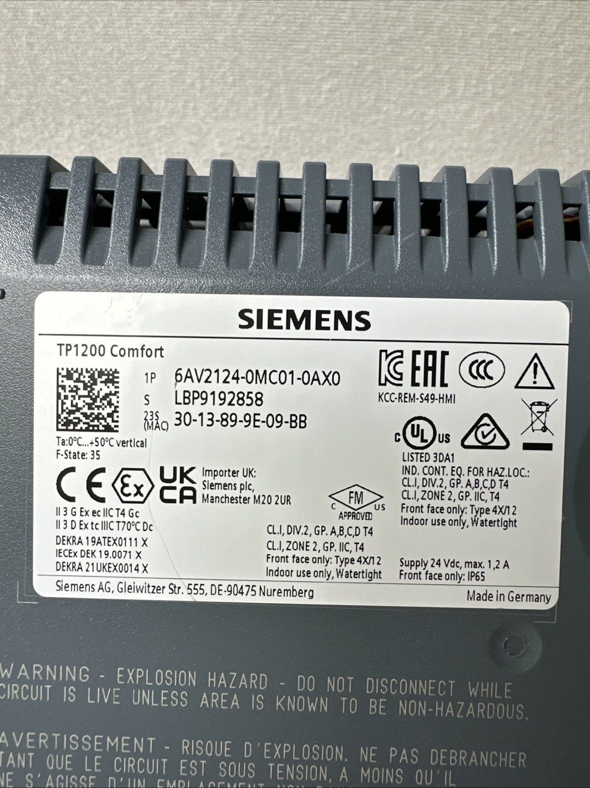 Siemens 6AV2124-0MC01-0AX0 SIMATIC HMI TOUCH TP1200 Comfort Touch Panel 12″