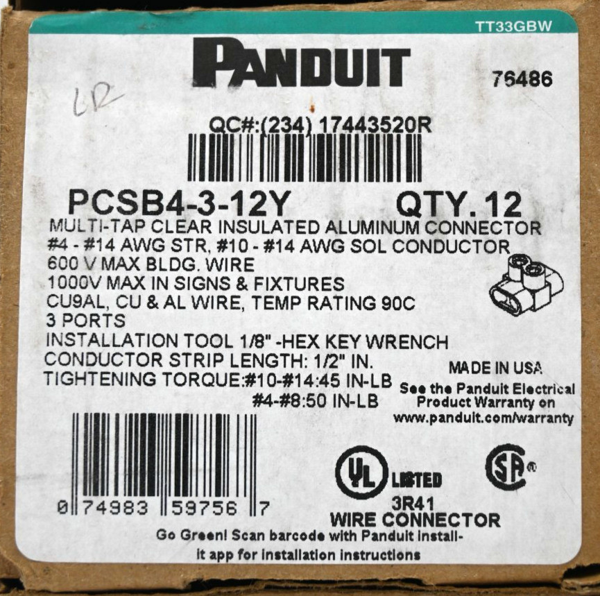 PANDUIT PCSB4-3-12Y MULTI-TAP CLEAR INSULATED ALUMINUM CONNECTOR BLOCK BOX OF 12