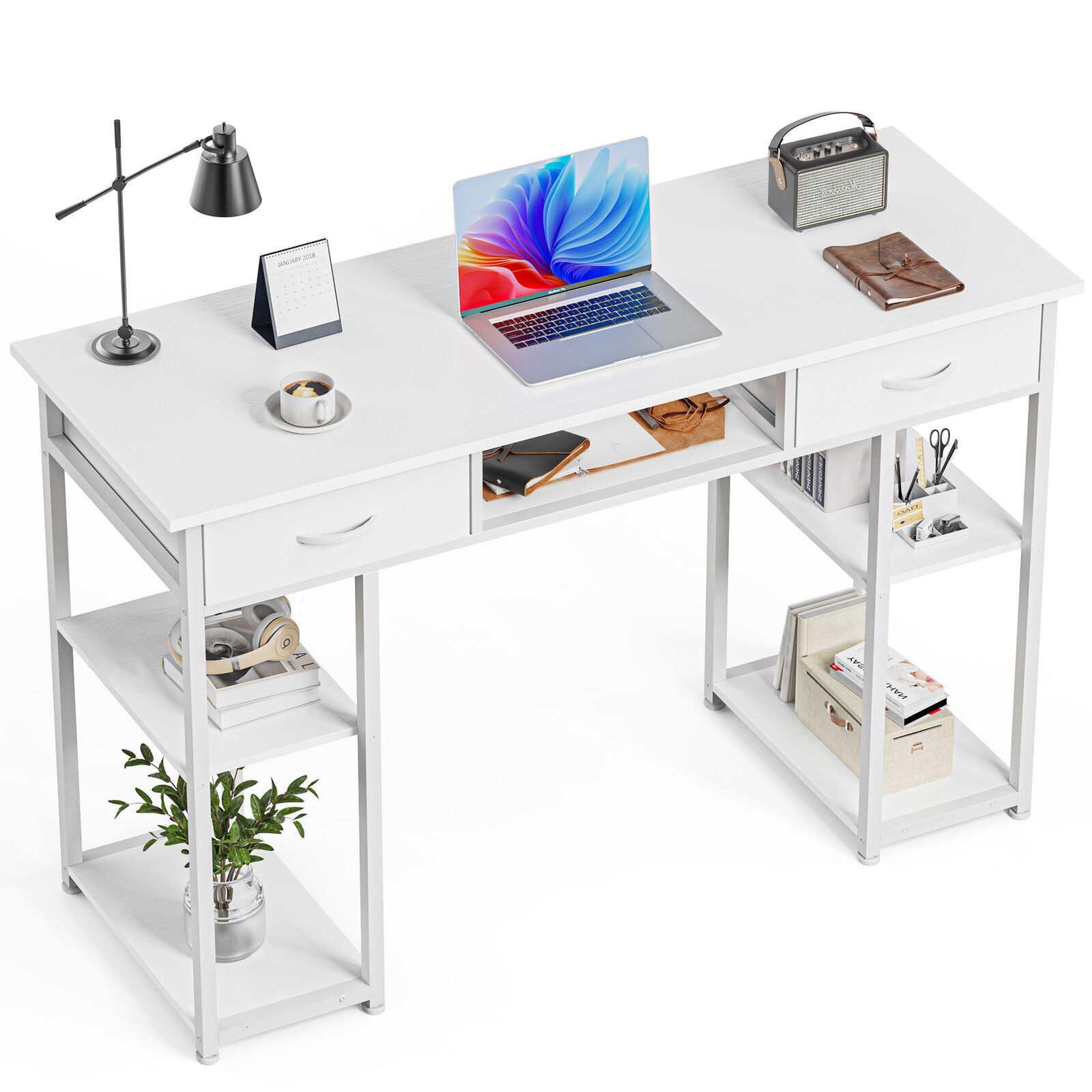 48″ Office Computer Desk,Home Study Table with Storage Shelf & 3 Fabric Drawers