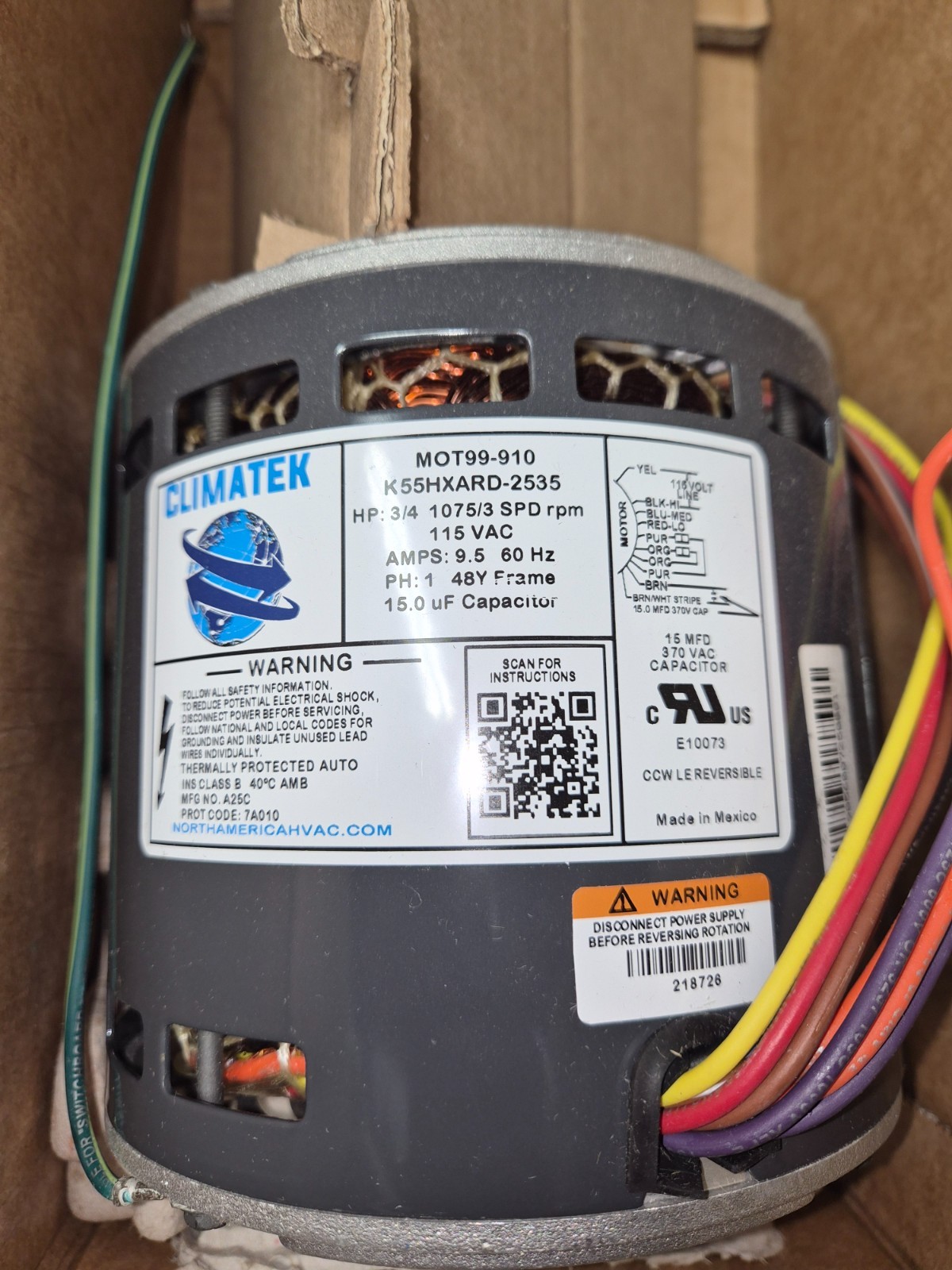 ClimaTek MOT99 910 Blower Motor K55HXARD-2535 3/4 HP 1075/3 Spd rpm