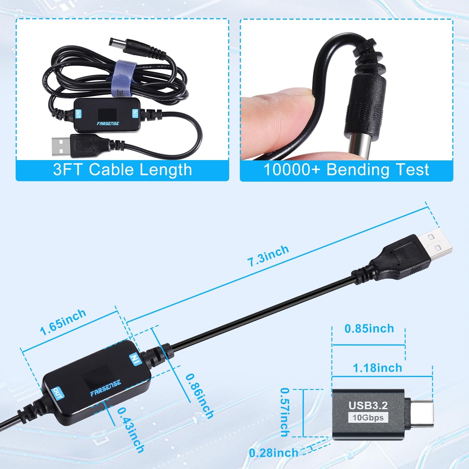 USB-C to DC 12V Step-Up Power Cable 3FT Voltage LED Display 5.5×2.5 & 3.5×1.35mm