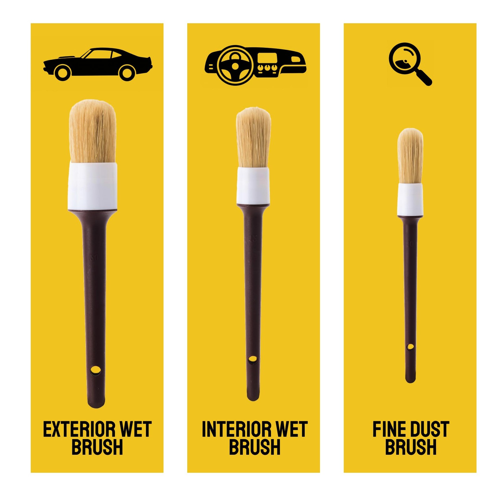 Car Detailing Brush Set 3-Pack – Soft Boar Hair 3 Pack(Starter), Brown