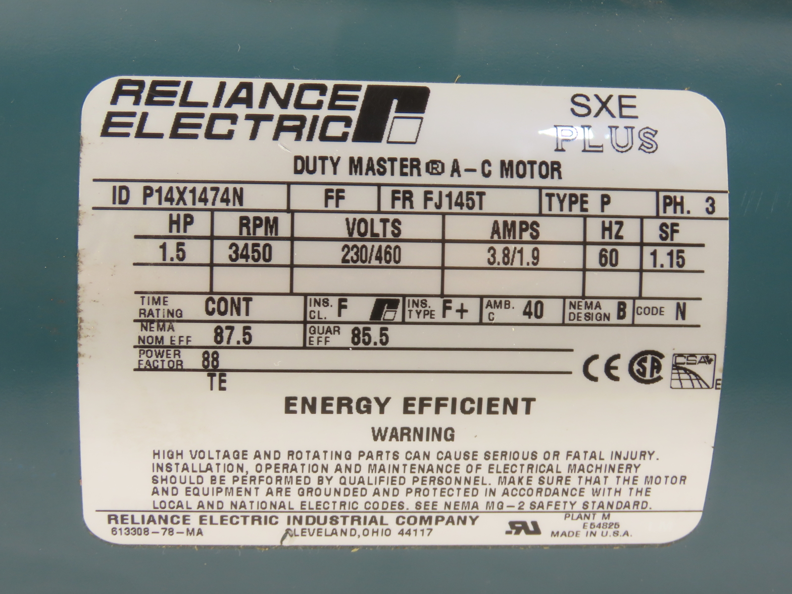 Reliance Electric P14X1474N 1.5HP 3450RPM 3PH FJ145T Frame 230/460V TEFC Motor