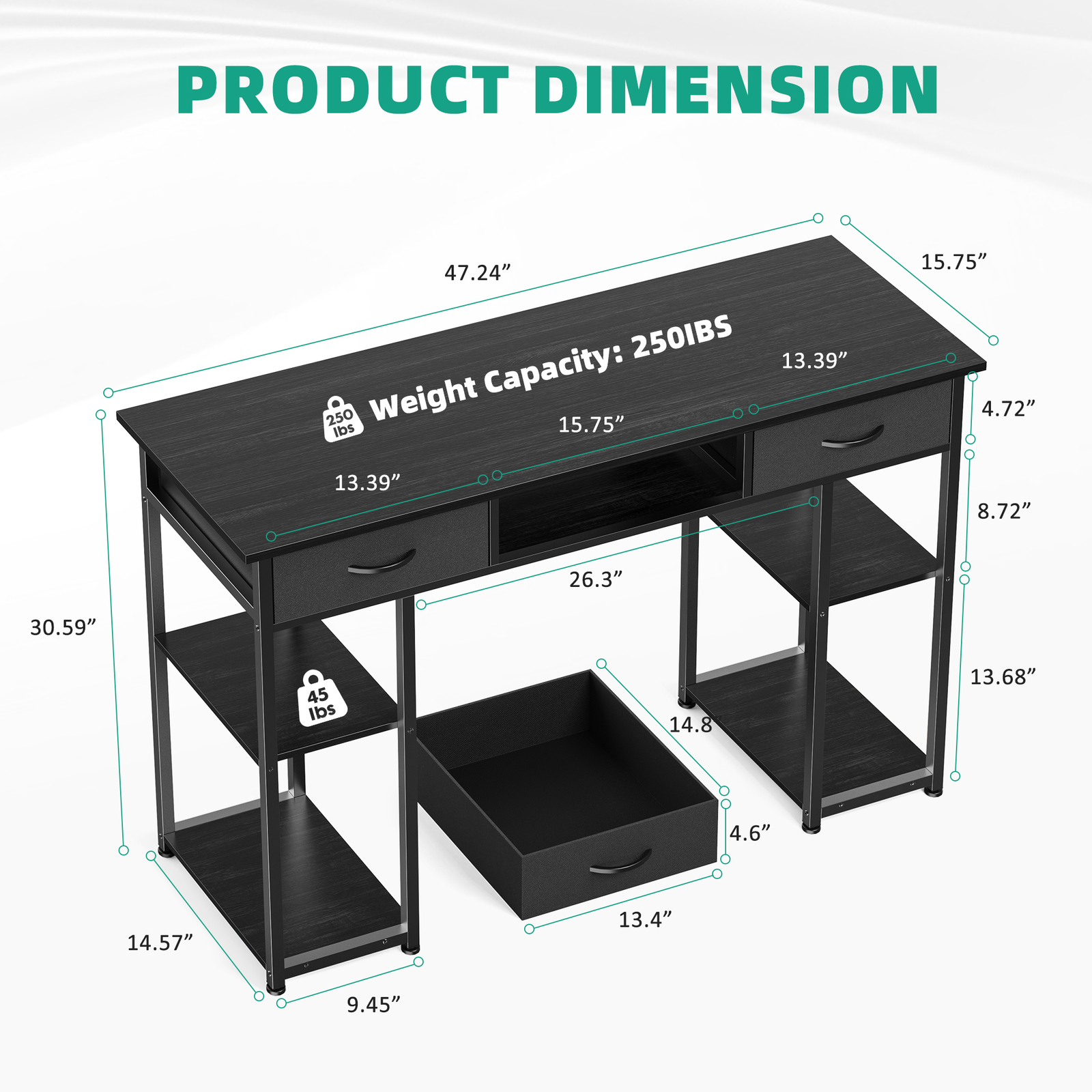 48″ Office Computer Desk,Home Study Table with Storage Shelf & 3 Fabric Drawers
