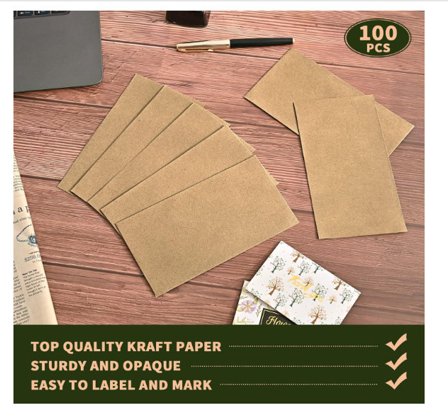 100 Pack Kraft Cash Envelopes for Budgeting, 6.7 x 3.5 Inch Large Pack
