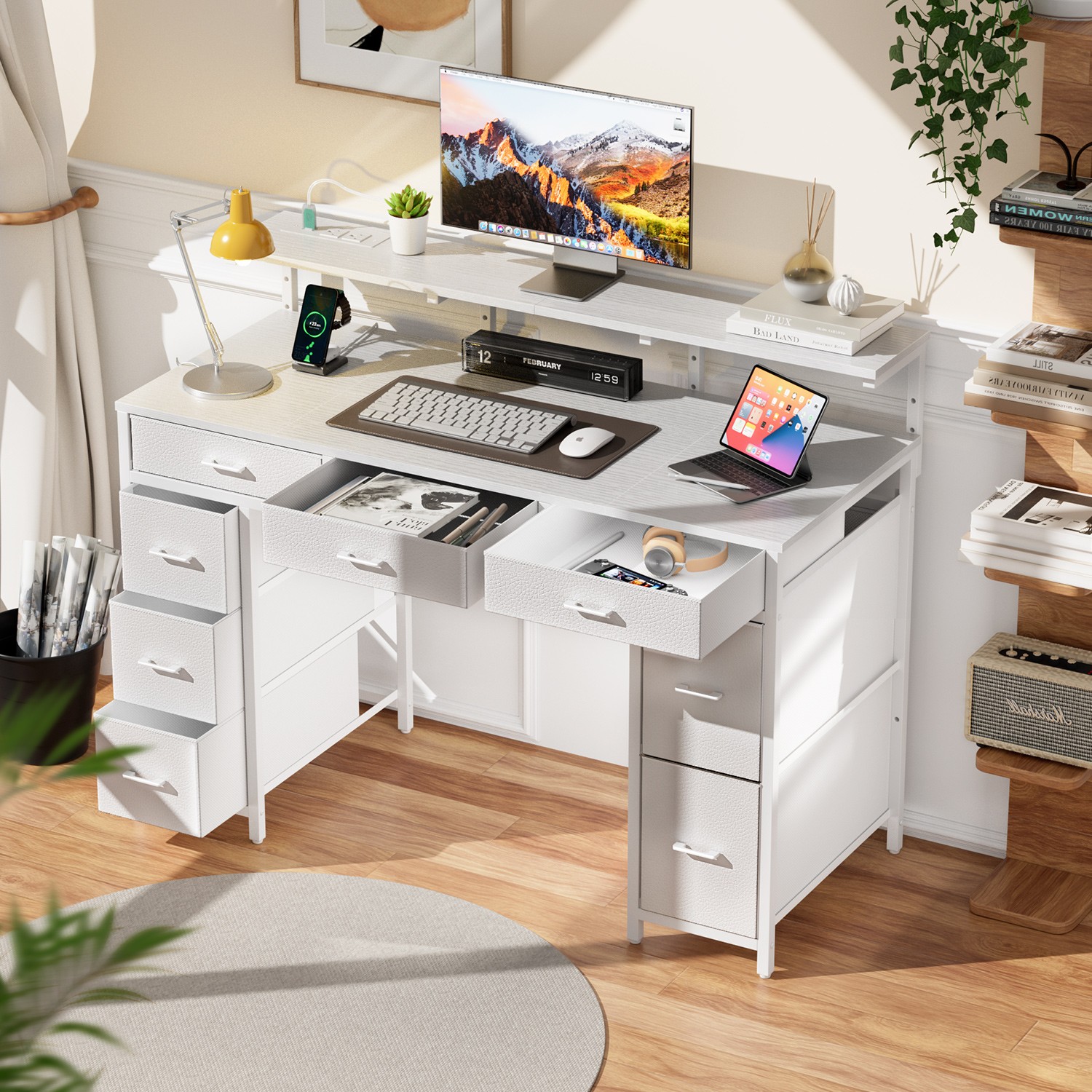 Computer Desk with Drawers & Power Outlet, Gaming Desk with Monitor Stand, White