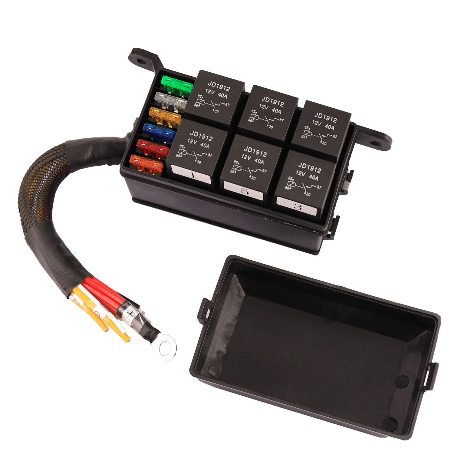 12V Automotive Relay Box, 6 Way Relay Fuse Box 12 AWG Pre-Wired Fuse Circuit Box