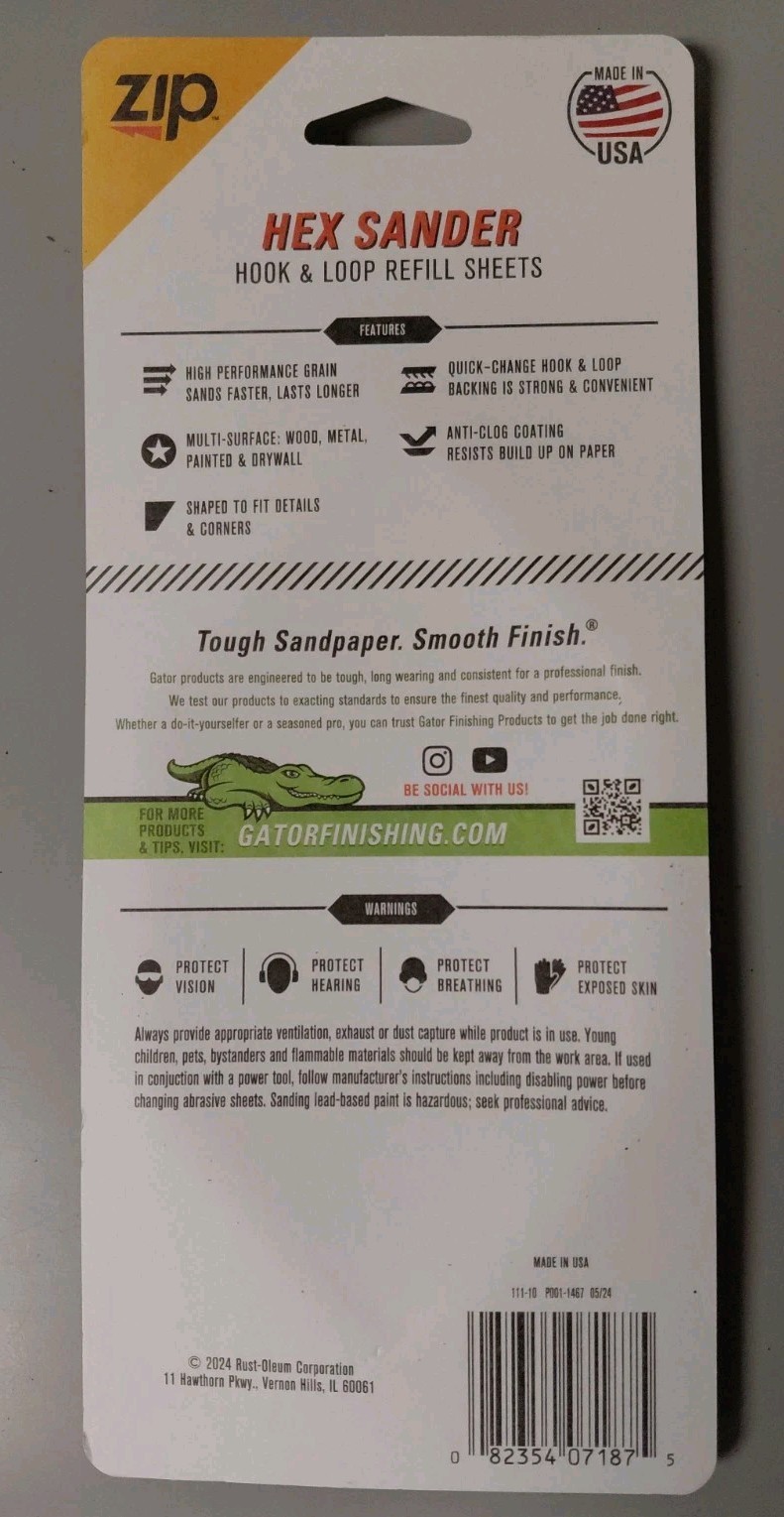 19 Packages Of 6 Sheets Of Gator Zip Hex Assorted Sandpaper, 80 – 120 – 220grit