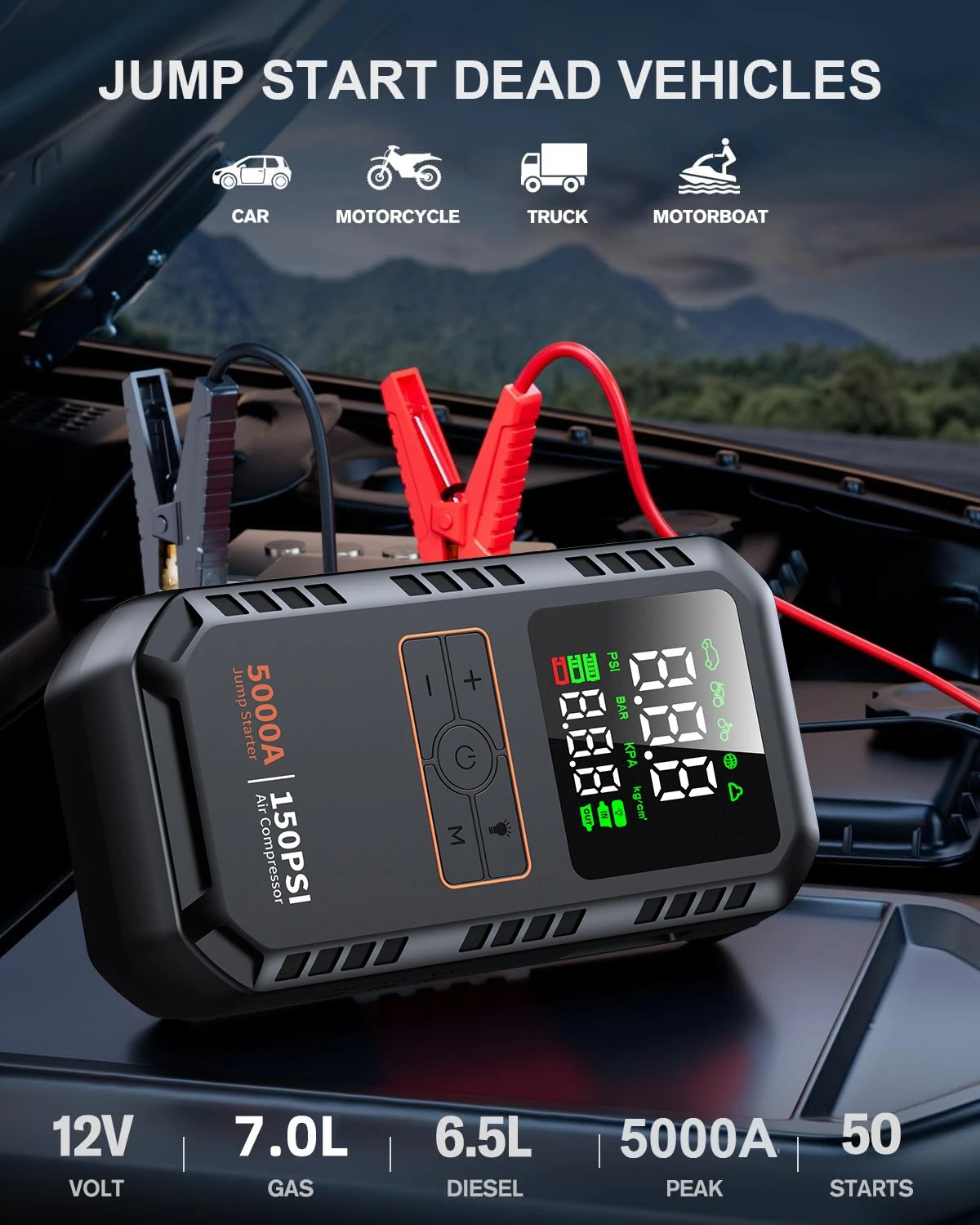 Car Jump Starter with Battery Booster Air Pump Portable Power Bank Tire Inflator