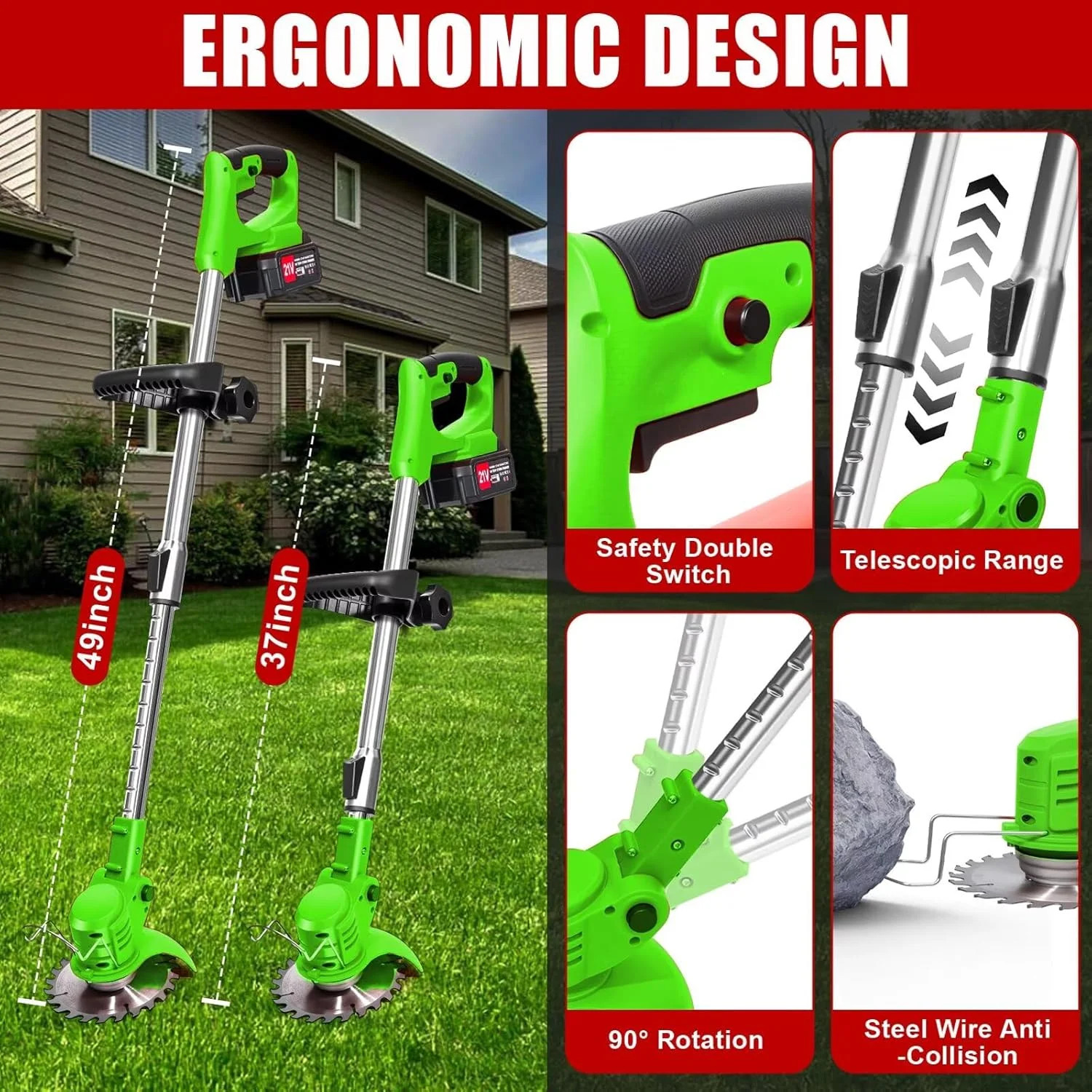 Cordless Weed Wacker with 2 Batteries, Lightweight 21V Weed Trimmer with Wheels,