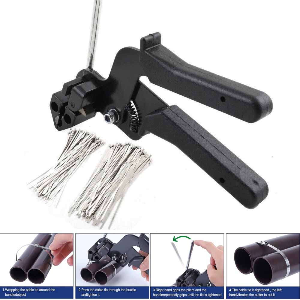 Cable Tie Tool Gun Kit Stainless Steel Zip Tie Cutter + 200pcs Metal Zip Ties✅