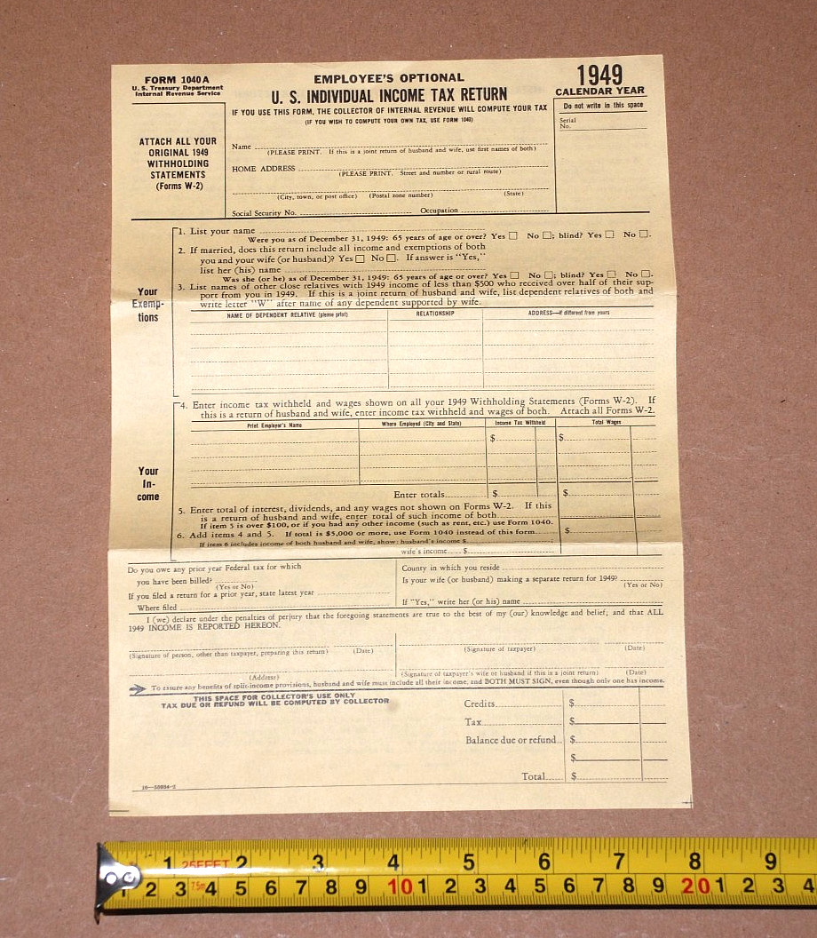 United States U.S. INDIVIDUAL INCOME TAX RETURN Form 1040A Unused IRS VTG 1949