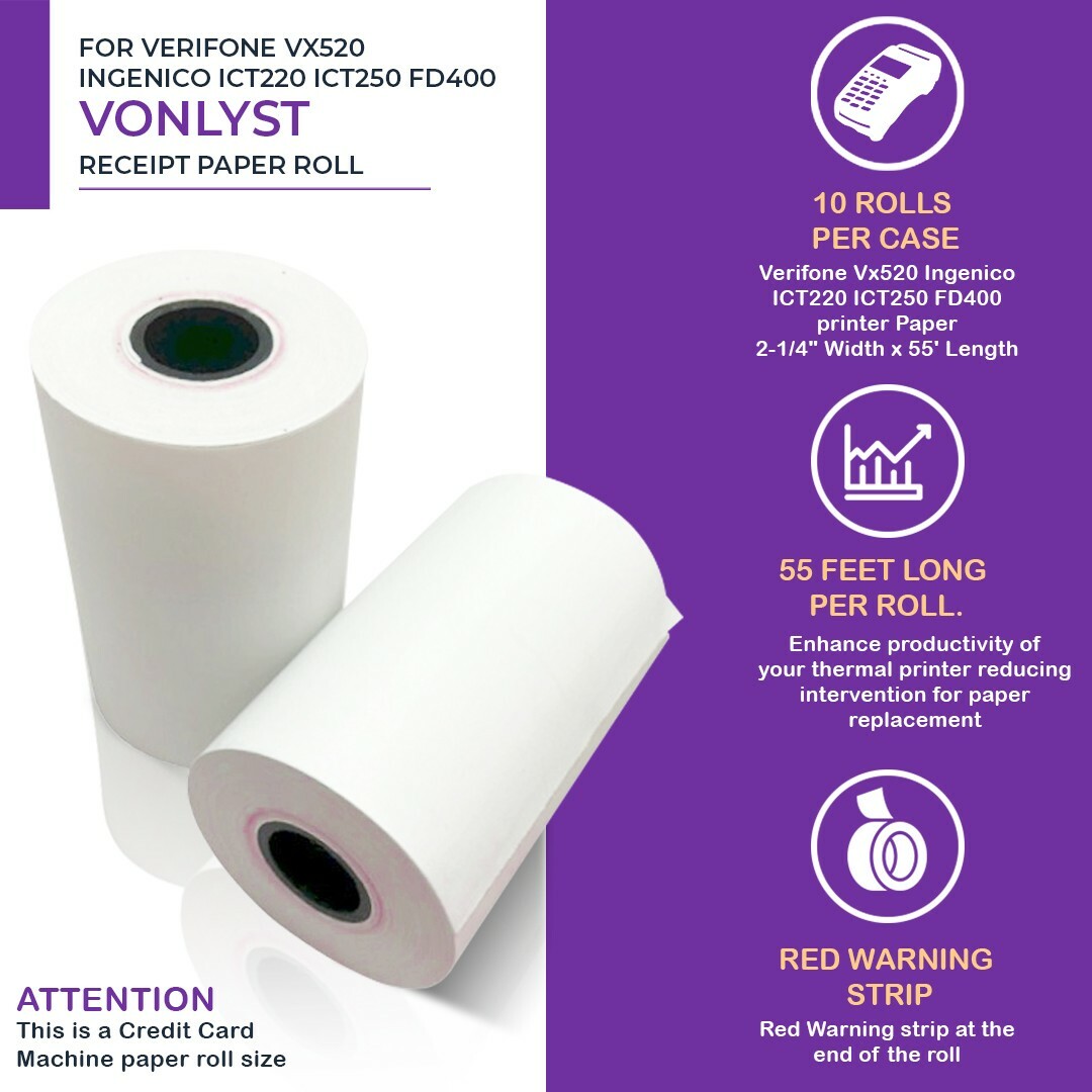 Vonlyst Paper Roll 2 1/4 X 55 for Verifone Vx520 Ingenico ICT220 ICT250 10 rolls